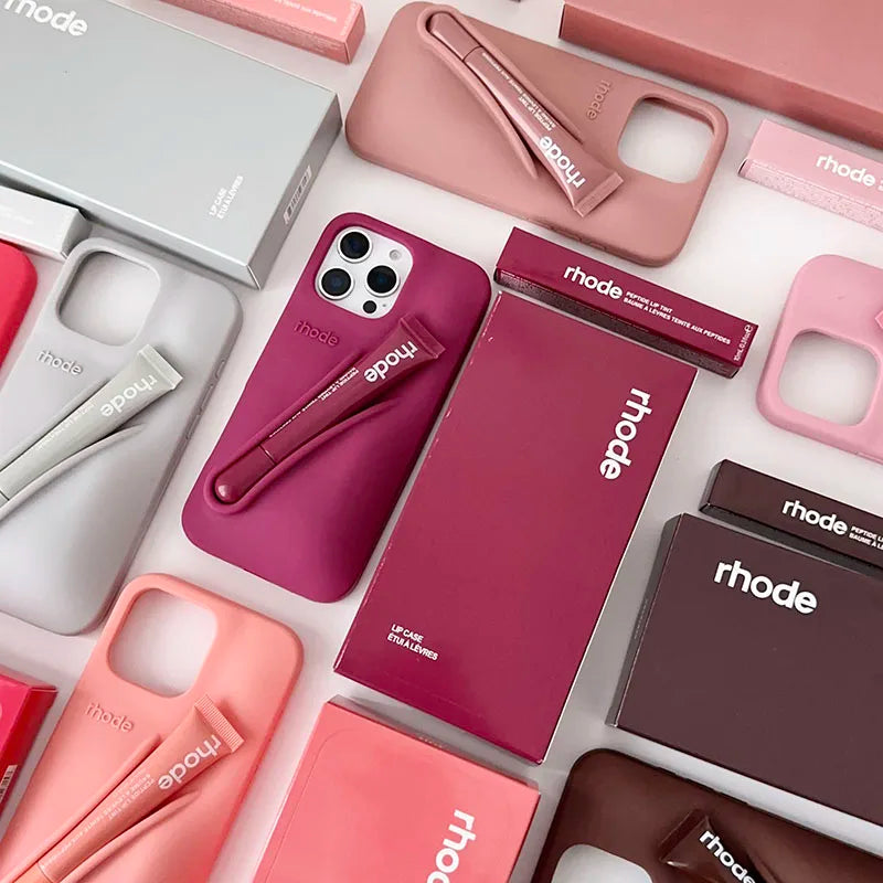 With Box Lipstick Rhod Phone Case for iPhone 16 17 Air 15 14 13 12 11 Pro Max Plus Makeup Lip Gloss Holder Silicone Back Cover