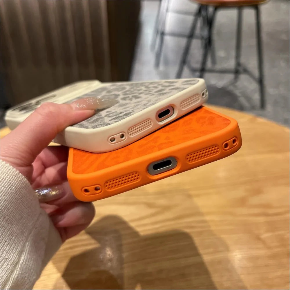 Luxury Leopard Print  Leather Texture Phone Case For iPhone 17 Air 16 15 14 Pro Max 13 Cool Matte Shockproof Bumper Cover Funda