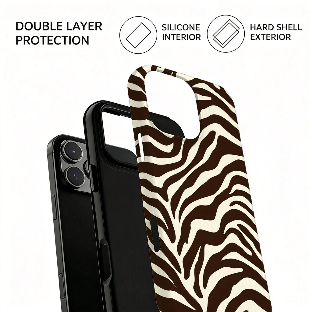 Luxury Mocha Zebra Stripe Magnetic Case for iPhone 17 16 15 14 13 12Pro Plus Max Dual Layer Shockproof Wild Animal Print Cover