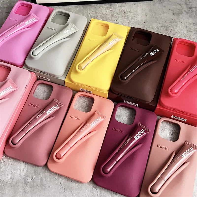 With Box Lipstick Rhod Phone Case for iPhone 16 17 Air 15 14 13 12 11 Pro Max Plus Makeup Lip Gloss Holder Silicone Back Cover