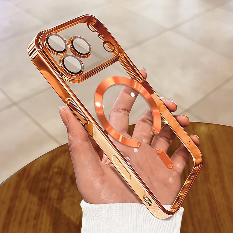 Plating Soft Camera Protection For Magsafe Phone Case For iPhone 16 15 14 13 12 11 17 Pro Max Plus Air Transparent TPU Cover